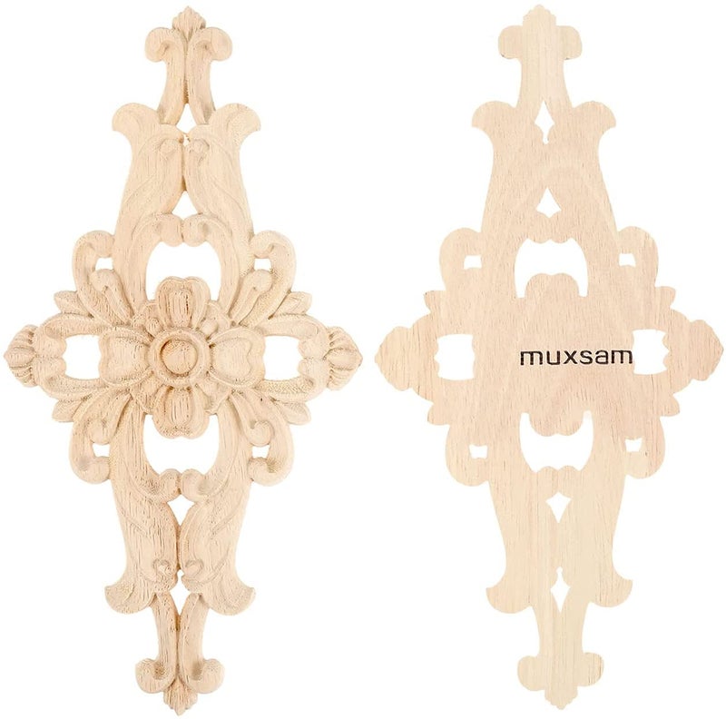 MUXSAM Wood Carved Appliques Furniture Decorative Onlays, 2Pcs Unpainted DIY Center Carving Decal for Door Wall Ceiling Cabinet Dresser Mirror Bed Mantel Bench Decoration, 27x14cm/10.63"x5.51" - Image 3